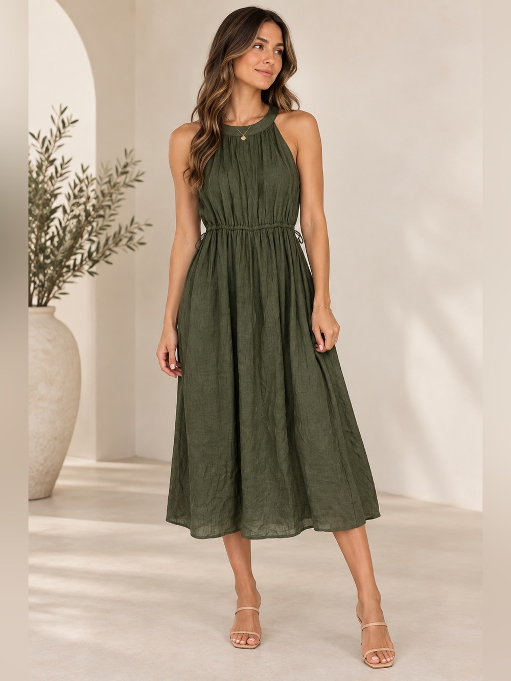 Indigo Rose Olive Green Halter Midi Dress Size Small